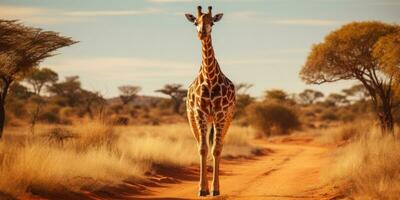 ett giraff promenader de savann mellan växter, vilda djur och växter. generativ ai foto