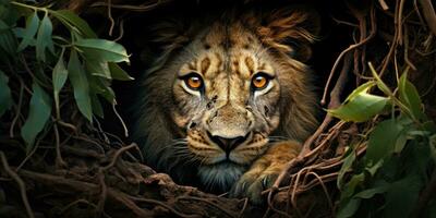 porträtt av skön lejon, lejon i mörk. generativ ai foto