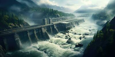 bild av en vattenkraft damm, som källa av energi de rörelse av vatten. generativ ai foto