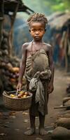 fattig och hungrig afrikansk föräldralös barn smutsig kläder. generativ ai foto
