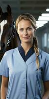 kvinna veterinär står i de stabil, Nästa till de häst. generativ ai foto