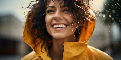 bild av positiv ung kvinna leende i en gul regnkappa under de regn. generativ ai foto