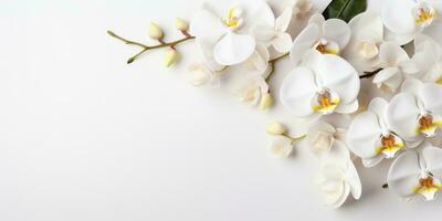 blommor på en vit orkide gren på vit bakgrund, Plats för text eller produkt. generativ ai foto