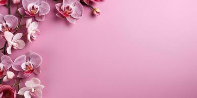 orkidéer på en rosa bakgrund, topp se, Plats för text. generativ ai foto