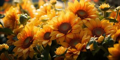 ljus bild av blomning solrosor närbild. generativ ai foto
