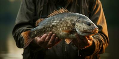 fisk i händer stänga upp.den tema av fiske. generativ ai foto