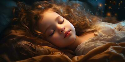 liten söt sovande flicka. dröm tema. generativ ai foto