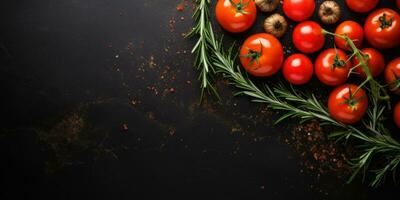 razmarin, kryddor, tomat på mörk bakgrund.mat bakgrund med Plats för text. generativ ai foto