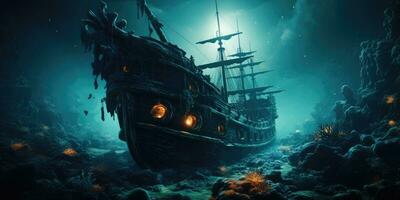 en Foto av en mystisk under vattnet värld, en nedsänkt fartyg. generativ ai