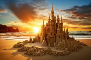 en sand slott på en skön sandig strand foto