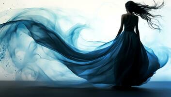 fiktiv kvinna figur, mörk hår och strömmande blå klänning. ai genererad foto