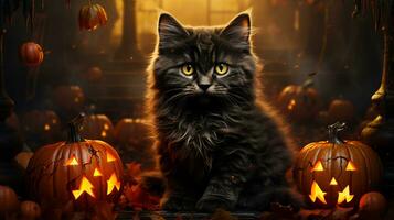 svart katt och skrämmande halloween dekorationer foto