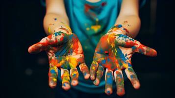 barns händer färg konst. många blandad färger.skapa ai genererad. foto