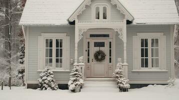 generativ ai, hus främre i de vinter- med jul dekoration, krans och krans. snö mysigt säsong foto