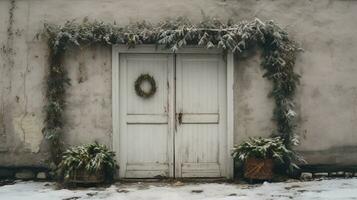 generativ ai, hus främre i de vinter- med jul dekoration, krans och krans. snö mysigt säsong foto