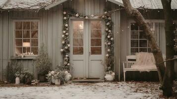 generativ ai, hus främre i de vinter- med jul dekoration, krans och krans. snö mysigt säsong foto