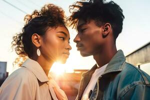 två ung människor i kärlek kramas mot de miljö Sol. ai genererad foto
