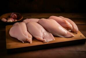 färsk kött, kyckling bröst liggande på en kök styrelse och en svart bakgrund. ai genererad foto