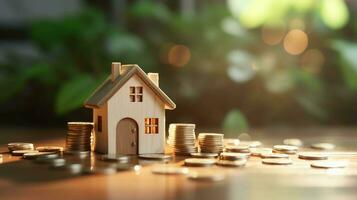 verklig egendom investering. mini hus och mynt symboliserar smart finansiell val foto