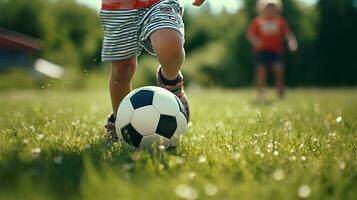 närbild ben barn manlig vänner spelar fotboll i de bakgård. foto