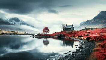 vinter- landskap med mörk hus och röd jord. ai generativ foto