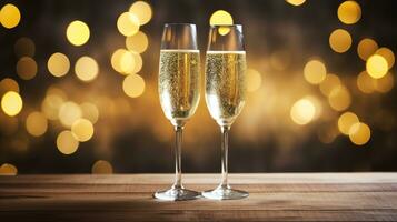 två glasögon av champagne på en ny år bakgrund. ai generativ foto