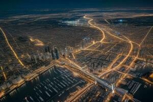 antenn se av en stadsbild på natt bakgrund. ai generativ proffs Foto