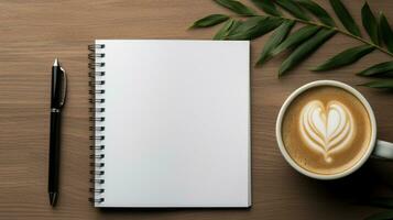 tom vit anteckningsbok och kopp av kaffe ai genererad foto