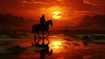 en man rider en häst i solnedgång ai genererad foto