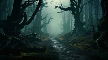läskigt skog bakgrund ai genererad foto