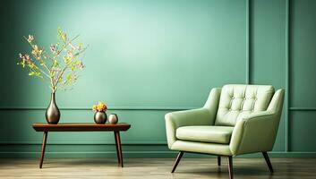 grön levande rum med minimalistisk dekor dugg grön soffa. ai genererad foto