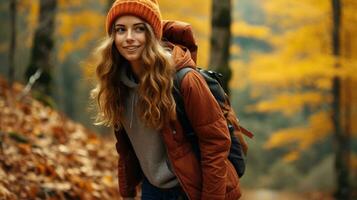 Lycklig ung kvinna gående i de höst skog ai genererad foto