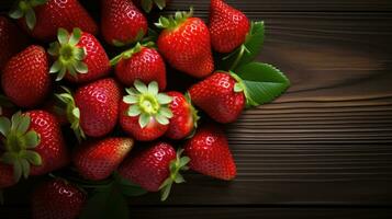 färsk jordgubbar på trä- tabell ai genererad foto