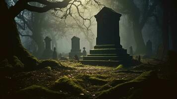 läskigt gravsten i mörk skog ai genererad foto