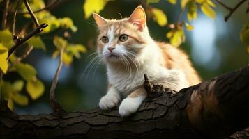 katt på träd gren ai genererad foto
