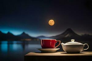 en kopp och tekanna sitta på en tabell med en full måne i de bakgrund. ai-genererad foto
