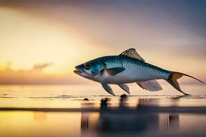 en fisk är stående på de strand på solnedgång. ai-genererad foto