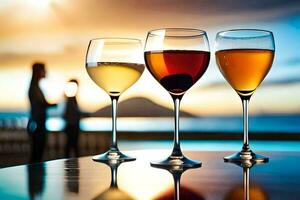 tre glasögon av vin på en tabell med en solnedgång i de bakgrund. ai-genererad foto
