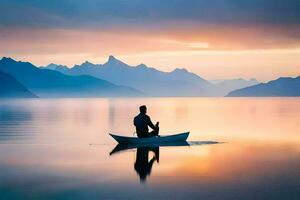 en man i en båt på en sjö på solnedgång. ai-genererad foto