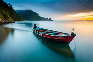 en båt på de vatten på solnedgång. ai-genererad foto