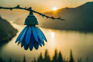 en blå blomma hängande från en gren över en sjö. ai-genererad foto