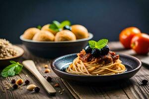 spaghetti med tomat sås och köttbullar på en trä- tabell. ai-genererad foto