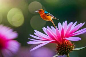 en färgrik fågel uppflugen på topp av en blomma. ai-genererad foto