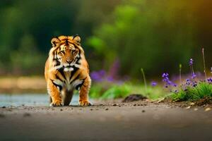 en tiger gående längs de väg i främre av en fält. ai-genererad foto