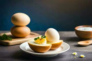 ett ägg är skära i halv och placerad på en tallrik. ai-genererad foto