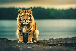 en tiger Sammanträde på de jord nära en sjö. ai-genererad foto