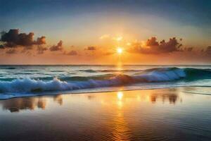 de Sol stiger över de hav och vågor på de strand. ai-genererad foto
