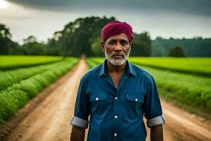 en man i en turban stående i en fält. ai-genererad foto