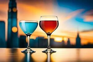 två glasögon av vin på en tabell i främre av en stad horisont. ai-genererad foto