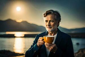 ett äldre man innehav en kopp av kaffe. ai-genererad foto